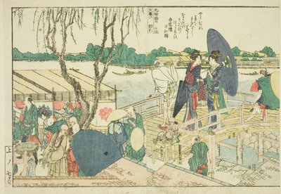 Sivut kuvitetusta kirjasta "Panoraamanäkymät Sumida-joen rannoilla (Ehon Sumidagawa ryogan ichiran)" tekijältä Katsushika Hokusai