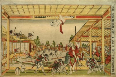 Perspektivbild des Nachtangriffs der 47 treuen Vasallen tekijältä Katsushika Hokusai