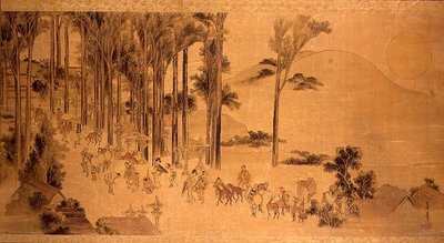 Pyhiinvaeltajat Kasugan pyhäkössä (maalaa silkille) tekijältä Katsushika Hokusai