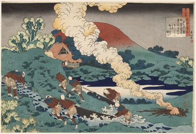Kakinomoto no Hitomaron runo teoksesta ”Sata runoa sadalta runoilijalta, vanhan imettäjän selostamana” tekijältä Katsushika Hokusai