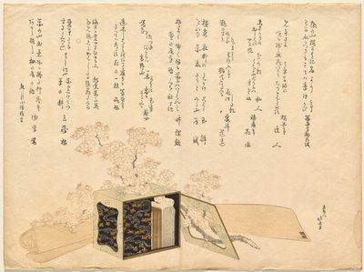 Kannettava lakka-piknik-kantovaunu ja kirsikankukkia tekijältä Katsushika Hokusai