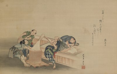 Pounding Rice for Mochi, kaiverrettu Momomoto Hinamaro, Edo-kausi, n. 1822 (muste ja väri silkkiin kiinnitettynä riippuvaksi kääröksi) tekijältä Katsushika Hokusai