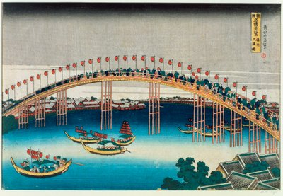 Kulkue sillan yli (värillinen puupalikkaprintti) tekijältä Katsushika Hokusai