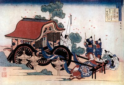 Kolmipyöräisen vaunun vetäminen, japanilainen puupiirros, c1780-1849. tekijältä Katsushika Hokusai