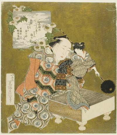 Nukkenäyttelijä pitelee nukkea "go"-laudalla tekijältä Katsushika Hokusai