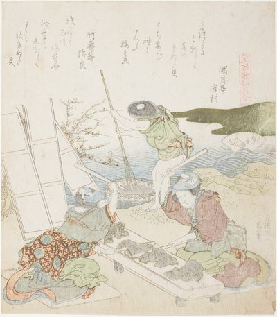Kierrätyspaperi, kuvitus elokuvalle The Fulling-block Shell (Kinuta gai), sarjasta "A Matching Game with Genroku-period Poem Shells (Genroku kasen kai awase)" tekijältä Katsushika Hokusai