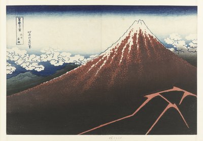 Sadekuuro vuoren juurella Punainen Fuji Sanka hakuu (otsikko esineessä) 36 näkymää Fuji-vuorelle (sarjan nimi) Fugaku sanjurokkei (sarjan nimi esineellä) tekijältä Katsushika Hokusai