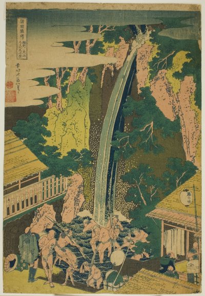 Roben Falls Oyamassa Sagamin maakunnassa (Soshu Oyama Roben no taki), sarjasta "A Tour of Waterfalls in Various Provinces (Shokoku taki meguri)" tekijältä Katsushika Hokusai