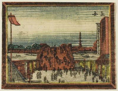 Ryogoku Bridge, sarjasta hollantilaistyyliset kuvat: Eight Views of Edo (Oranda gakyo Edo hakkei) tekijältä Katsushika Hokusai