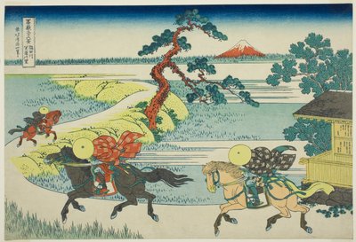 Sekiyan kylä Sumida-joella (Sumidagawa Sekiya no sato), sarjasta Kolmekymmentäkuusi näkymää Fuji-vuorelle (Fugaku sanjūrokkei) tekijältä Katsushika Hokusai