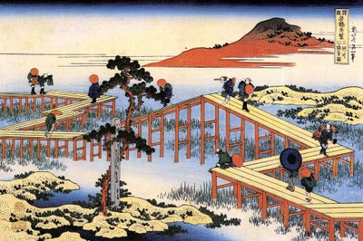 Sarja upeita näkymiä silloista eri provinsseista: Yatsuhashin silta Mikawan maakunnassa, Japanissa - Katsushika Hokusain (1760-1849) vedos (ukiyo-e school) 1835 Valtion Eremitaaši Pietari Venäjä tekijältä Katsushika Hokusai