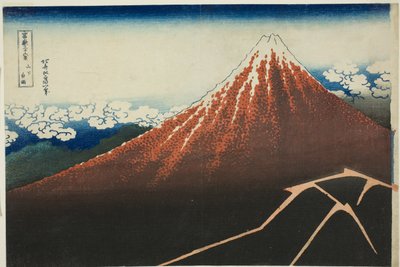 Shower Below the Summit (Sanka hakuu), sarjasta "Kolmekymmentäkuusi näkymää Fuji-vuorelle (Fugaku sanjurokkei)" tekijältä Katsushika Hokusai