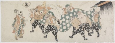 Kuusi miesjumalaa esittämässä leijonatanssia, 1797-1819 (värillinen puupalikkaprintti) tekijältä Katsushika Hokusai