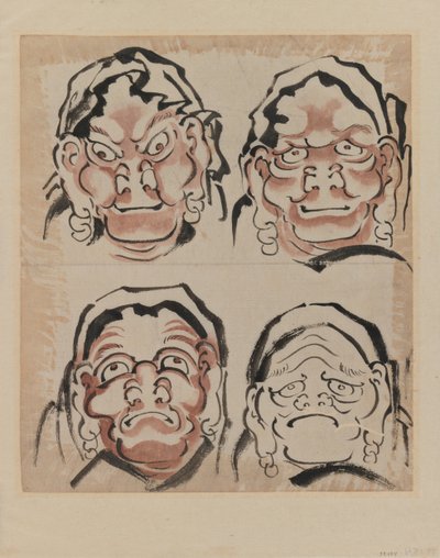 Luonnos neljästä kasvosta (muste paperille) tekijältä Katsushika Hokusai