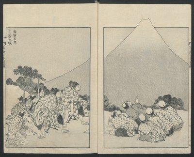 Liukuminen alas vasemmalle, Fujin avautuminen oikealle Sata näkymää Fuji-vuorelle, 1834. tekijältä Katsushika Hokusai