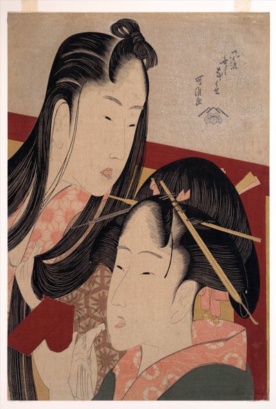 Squeaking a Ground Cherry, sarjasta Seven Fashionable Useless Habits - Hokusai, Katsushika (1760-1849) - c. 1798 - Värillinen puupiirros - 36,4x24,8 - Yksityiskokoelma tekijältä Katsushika Hokusai