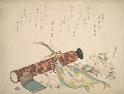 Asetelma: Double Cherry-Blossom Branch, Telescope, Sweet Fish ja Tissue Case, c..., ca. 1804-13. tekijältä Katsushika Hokusai