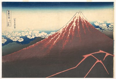 Myrsky Fuji-vuoren juurella (Sanka no haku u), sarjasta ”Fuji-vuoren 36 näkymää” (Fugaku sanjūrokkei) tekijältä Katsushika Hokusai