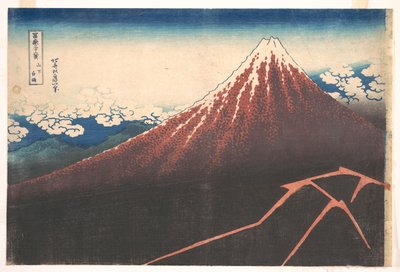 Myrsky Fuji-vuoren juurella (Sanka no haku u), sarjasta ”Fuji-vuoren 36 näkymää” (Fugaku sanjūrokkei) tekijältä Katsushika Hokusai