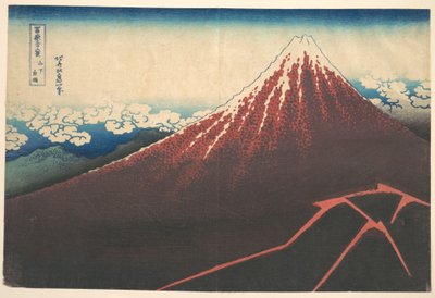 Myrsky Fuji-vuoren juurella (Sanka no haku u), sarjasta ”Fuji-vuoren 36 näkymää” (Fugaku sanjūrokkei) tekijältä Katsushika Hokusai
