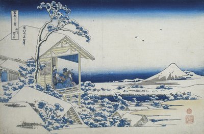 Teehuone Koishikawassa, aamu lumisateen jälkeen, n. 1830 (puupainatus) tekijältä Katsushika Hokusai