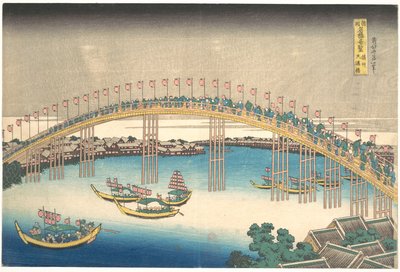 Tenman-silta Settsun maakunnassa (Sesshū Tenmanbashi), teoksesta ”Merkittäviä näkymiä siltoista eri maakunnissa” (Shokoku meikyō kiran) tekijältä Katsushika Hokusai