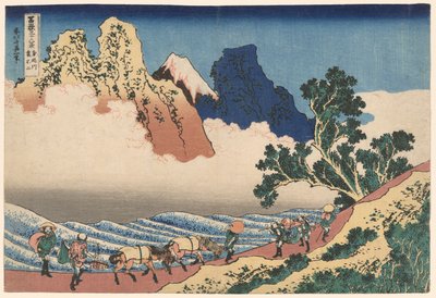 Fuji-vuoren selkä nähtynä Minobu-joesta (Minobugawa Urafuji), sarjasta Kolmekymmentäkuusi näkymää Fuji-vuorelle (Fugaku sanjūrokkei) tekijältä Katsushika Hokusai