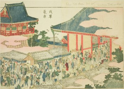 Vuoden lopun markkinat Asakusassa (Asakusa mino ichi), kuvitetusta kirjasta "Idän huvipuistojen kuvakirja (Ehon Azuma asobi)" tekijältä Katsushika Hokusai