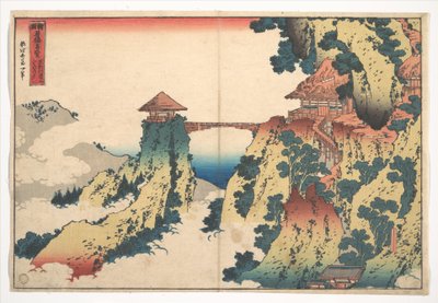 ”Ripustettu pilvisilta Gyōdō-vuorella lähellä Ashikagaa” (Ashikaga Gyōdōzan kumo no kakehashi), teoksesta ”Merkittäviä näkymiä siltoista eri maakunnissa” (Shokoku meikyō kiran) tekijältä Katsushika Hokusai