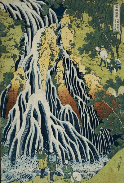 Kirifurin vesiputous Kurokami-vuorella Shimotsuken maakunnassa, sarjasta "Matka kaikkien maakuntien vesiputouksiin" tekijältä Katsushika Hokusai