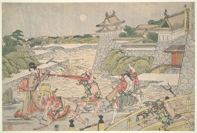 47 roninin uskollinen liitto (Chūshingura),  III näytös: Bannai ja hänen miehensä hyökkäävät Kampein kimppuun tekijältä Katsushika Hokusai