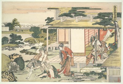 47 roninin uskollinen liitto (Chūshingura), VII näytös: Teehuoneen kohtaus. Ich iriki Heiyemon raahaa vakoojan Kudayūn ulos tekijältä Katsushika Hokusai