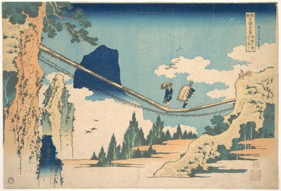 Hidan ja Etchūn maakuntien rajalla sijaitseva riippusilta (Hietsu no sakai tsuribashi), teoksesta ”Eri maakuntien merkittävimmät silta-näkymät” (Shokoku meikyō kiran) tekijältä Katsushika Hokusai