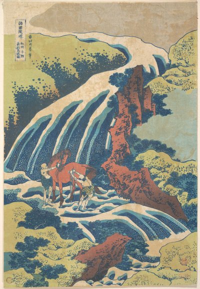 Vesiputous, jossa Yoshitsune pesi hevosensa Yoshinossa Yamaton maakunnassa (Washū Yoshino Yoshitsune uma arai no taki), sarjasta ”Kierros eri maakuntien vesiputouksilla” (Shokoku taki meguri) tekijältä Katsushika Hokusai