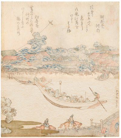 Sumida-joen rannat, Komatomeishi. Triptyykki sarjasta Umazukushi, Keskiosa, 1822 tekijältä Katsushika Hokusai