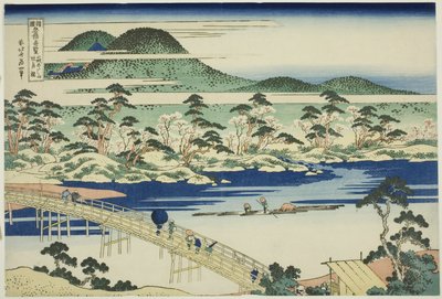 Togetsu-silta Arashiyamassa Yamashiron maakunnassa (Yamashiro Arashiyama no Togetsukyo), sarjasta "Epätavallisia näkymiä kuuluisista silloista eri maakunnissa (Shokoku meikyo kiran)" tekijältä Katsushika Hokusai