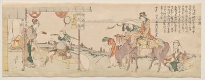 Matkailijat saapuvat Echizen-yan teehuoneeseen tekijältä Katsushika Hokusai