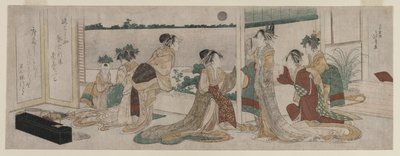 Tsukasa ja muut Ogiyan kurtisaanit katsomassa syksyn kuun nousua..., 1799. tekijältä Katsushika Hokusai
