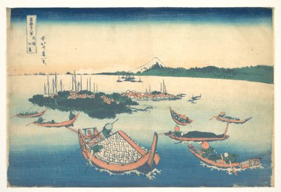 Tsukudajima Musashin maakunnassa (Buyō Tsukudajima), sarjasta ”Fuji-vuoren 36 näkymää” (Fugaku sanjūrokkei) tekijältä Katsushika Hokusai