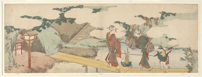 Kaksi naista ja poika rantakadulla tekijältä Katsushika Hokusai