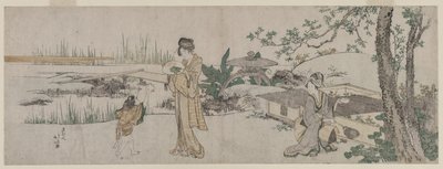 Kaksi naista ja lapsi kultakala-altaan vieressä, n. 1800. tekijältä Katsushika Hokusai