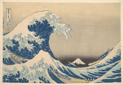 ”Kanagawan rannikon aallon alla” (Kanagawa oki nami ura), joka tunnetaan myös nimellä ”Suuri aalto”, sarjasta ”36 näkymää Fuji-vuorelta” (Fugaku sanjūrokkei) tekijältä Katsushika Hokusai