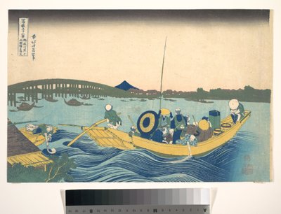 Auringonlaskun katselu Ryōgoku-sillalta Onmayan rantakadulta (Onmayagashi yori Ryōgokubashi sekiyō o miru), sarjasta ”Fuji-vuoren 36 näkymää” (Fugaku sanjūrokkei) tekijältä Katsushika Hokusai