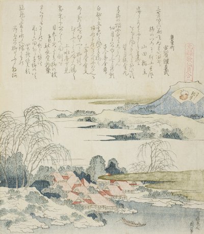 Kylä Yoshino-joen varrella, kuvitus Brocade Shellille tekijältä Katsushika Hokusai