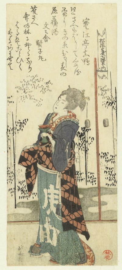 Nainen riisiviinikupin kanssa Bambumetsän seitsemän kieltäytymistä Shôfûdai Poetry Societylle (sarjan nimi) Shôfûdai shichiken no uchi (sarjan nimi esineessä) tekijältä Katsushika Hokusai