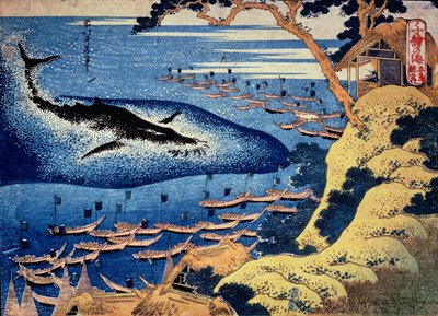 Valanpyynti Goton saarelta, sarjasta "Oceans of Wisdom" (värillinen puupalikkaprintti) tekijältä Katsushika Hokusai