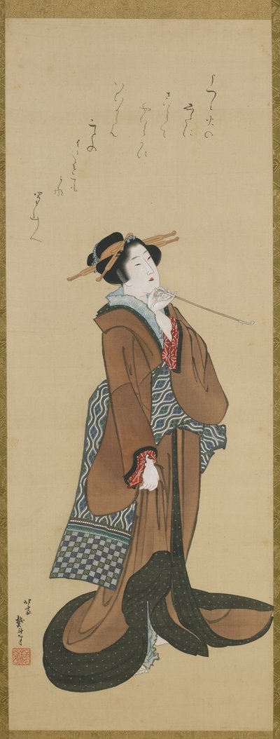 Nainen pitelee piippua, Edo-kausi, n. 1814-1815 (muste ja väri silkillä) tekijältä Katsushika Hokusai