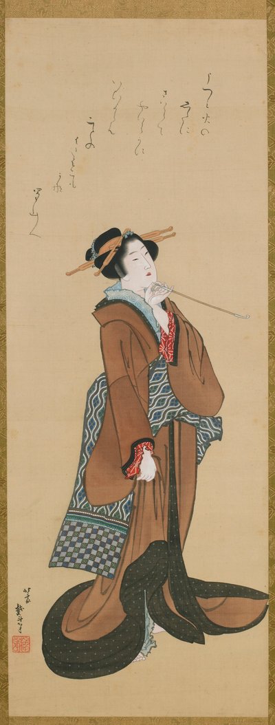 Nainen pitelee piippua, n. 1814-1815. tekijältä Katsushika Hokusai