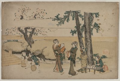 Nainen ohittaa tienvarsimyymälän lähellä Ojia tekijältä Katsushika Hokusai