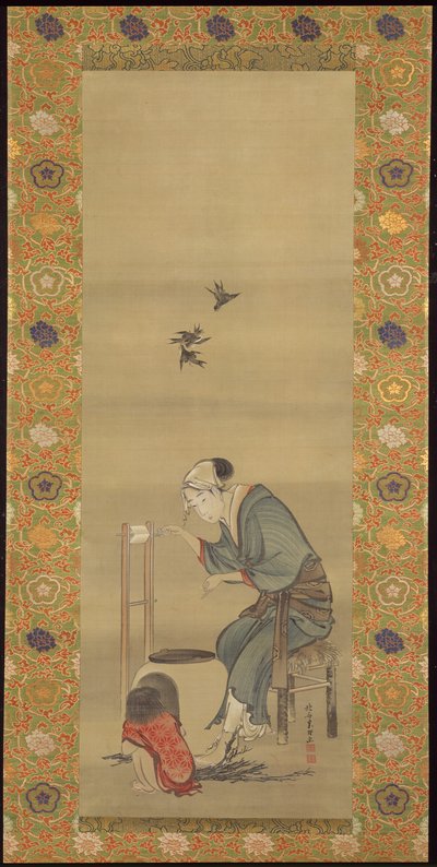 Silkkiä kehräävä nainen tekijältä Katsushika Hokusai